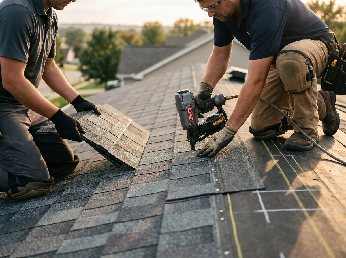 Professional roofer working on a residential roof in Ammon